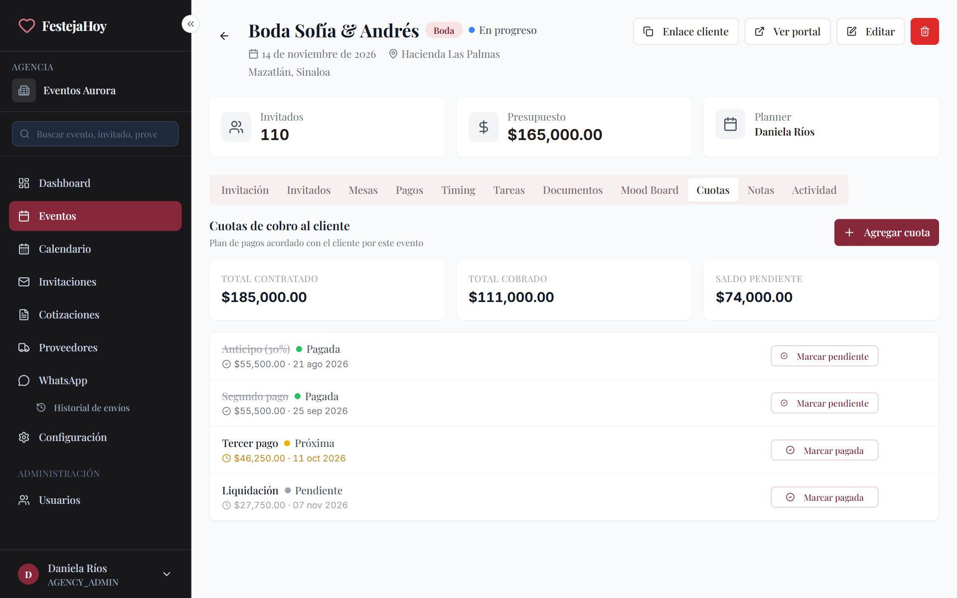 Cuotas de cobro al cliente con pagadas y pendientes