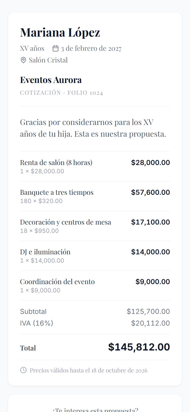 Cotización como la ve el prospecto en su celular
