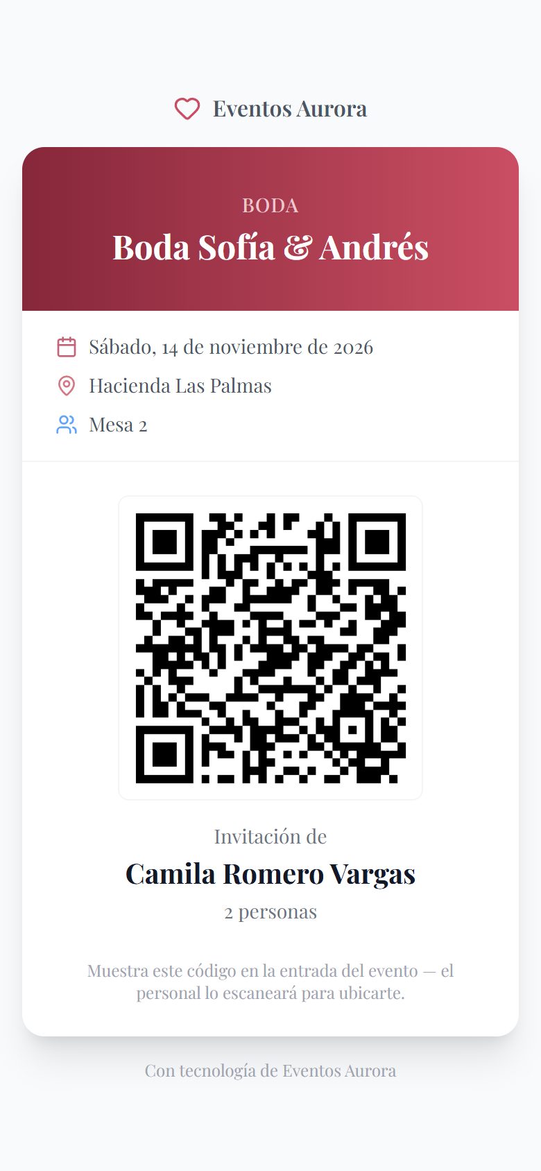 Pase con código QR que recibe el invitado en su celular