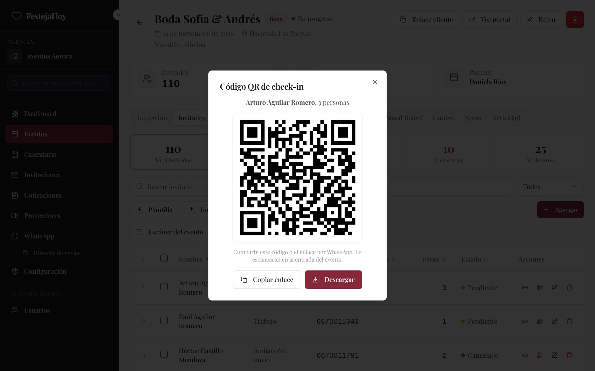Código QR de un invitado listo para copiar el enlace o descargar