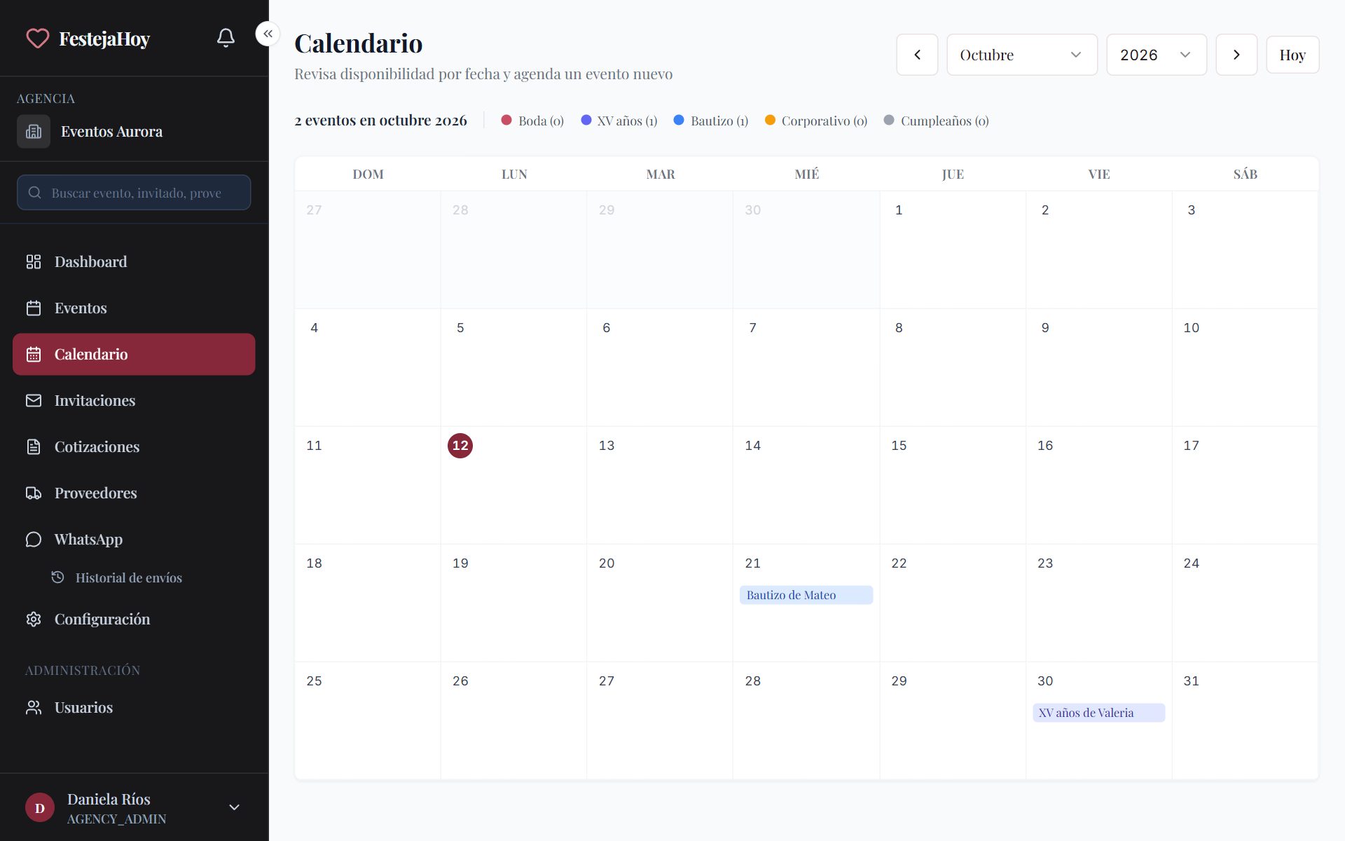 Calendario de eventos del mes