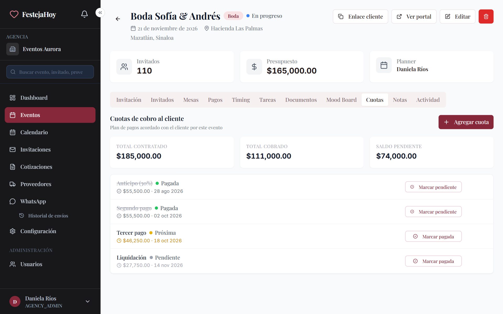 Cuotas de cobro al cliente con pagadas y pendientes