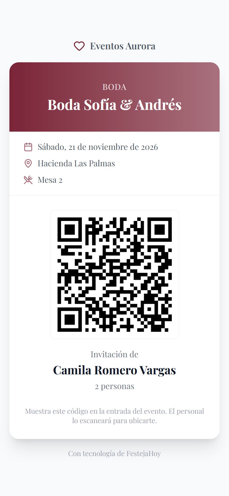 Pase con código QR que recibe el invitado en su celular