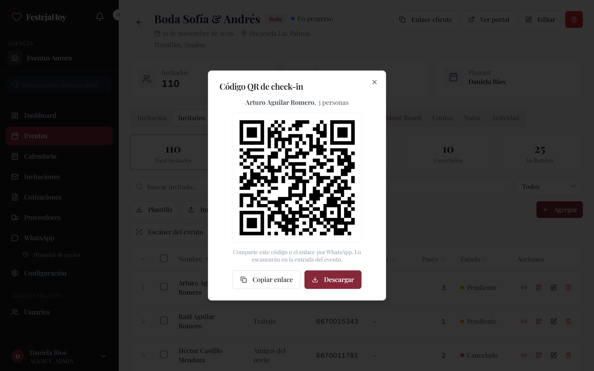 Código QR de un invitado listo para copiar el enlace o descargar